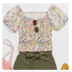 Anthropologie Floral Aurelia Smocked Puff Sleeve Blouse Sz Large